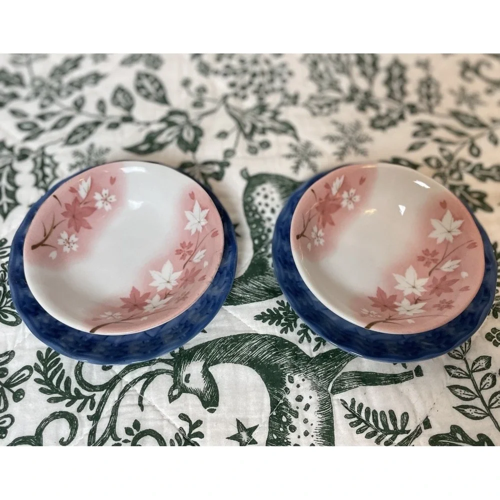Vintage made in Japan Cherry Blossom Dish Plate Set For‎ 2 Blue & Pink Bamboo